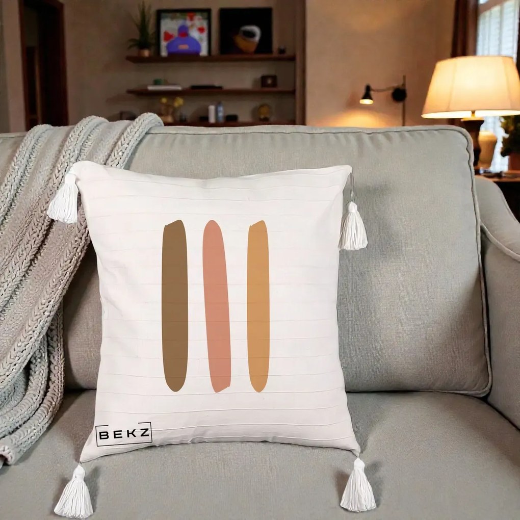 Perna Decorativa Abstract Linii Terracotta, 40x40 cm, Bej cu Franjuri, Husa Detasabila, Perna Inclusa, BEKZ®