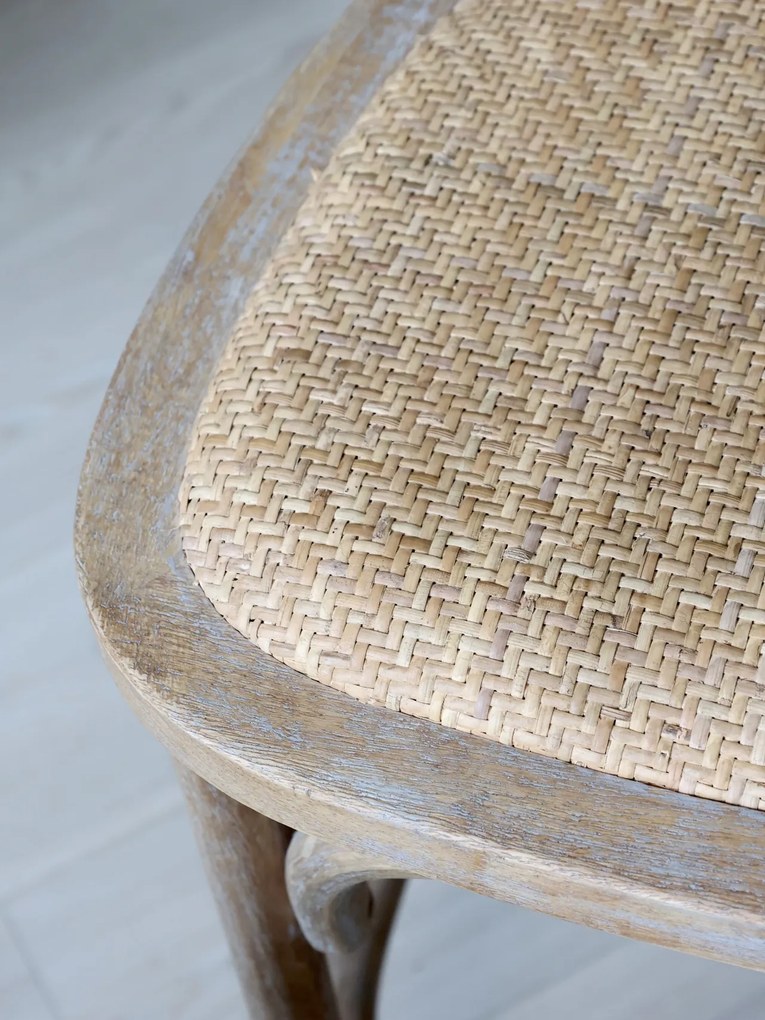 Scaun de bar cannage pentru insulă din lemn de hevea și ratan, natur, cu suport inelar pentru picioare, 92 x 40 x 45 cm, „Old French”