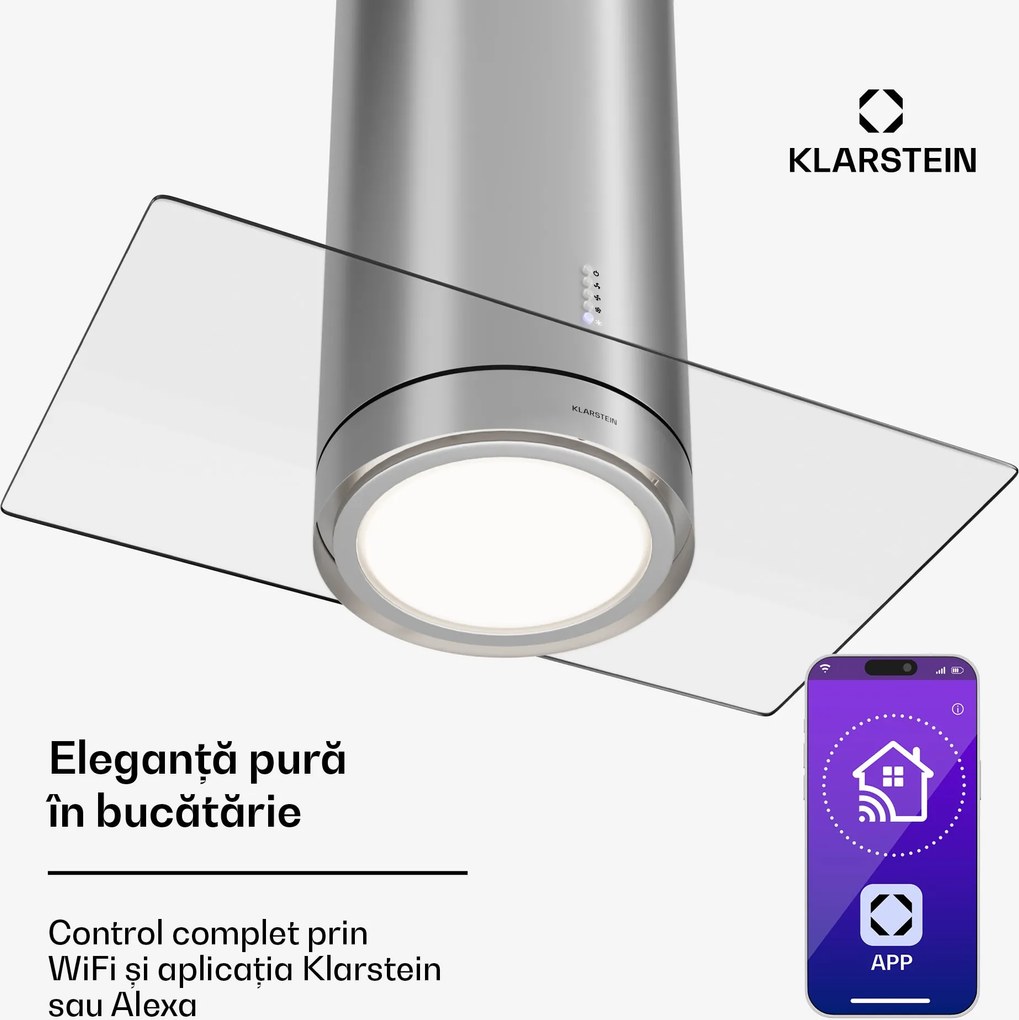 Klarstein Beretta Premium Smart, hotă tip insulă, 544 m³/h, aparat, extracție/recirculare, LED, filtru cu carbon activat