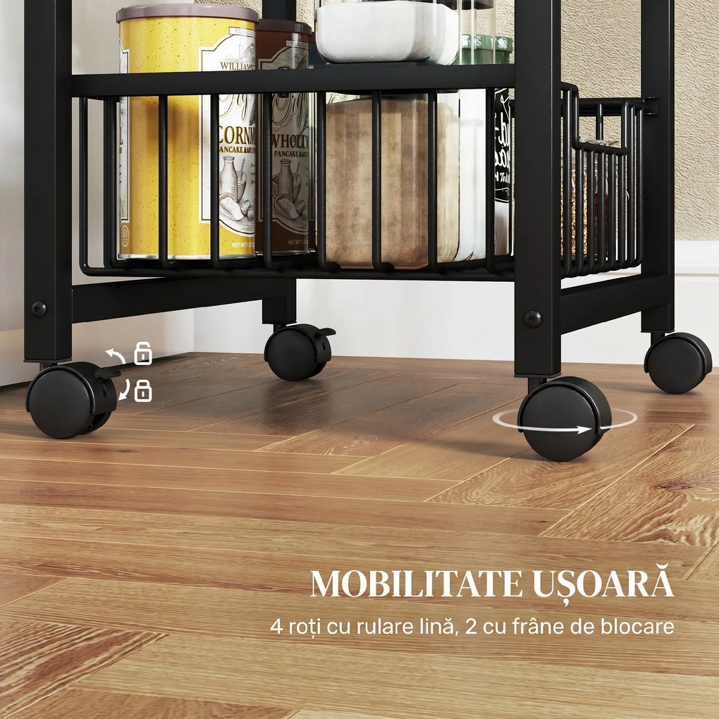 HOMCOM Cărucior de bucătărie cu 3 coșuri și mâner, din oțel și lemn, 49,5x31x69 cm, negru și gri deschis | Aosom Romania
