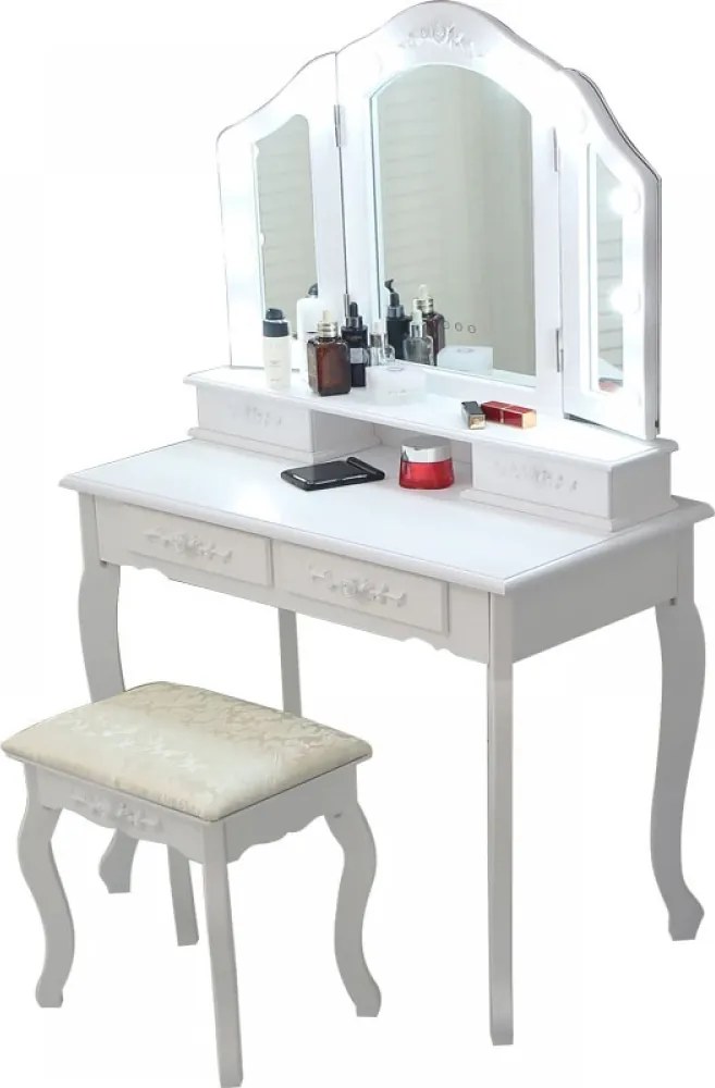 RESIGILAT- Set Anastasia, masă de toaletă cu 3 oglinzi iluminate LED, control touch, 4 sertare, scaun, Alb