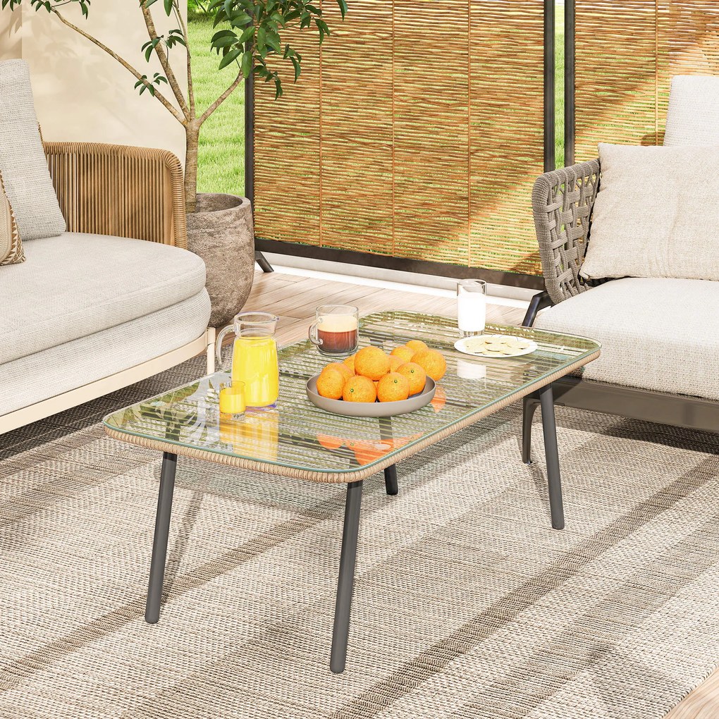 Outsunny Măsuță de Grădină din Ratan PE și Sticlă 110x60x40 cm Lemn Natural | Aosom Romania