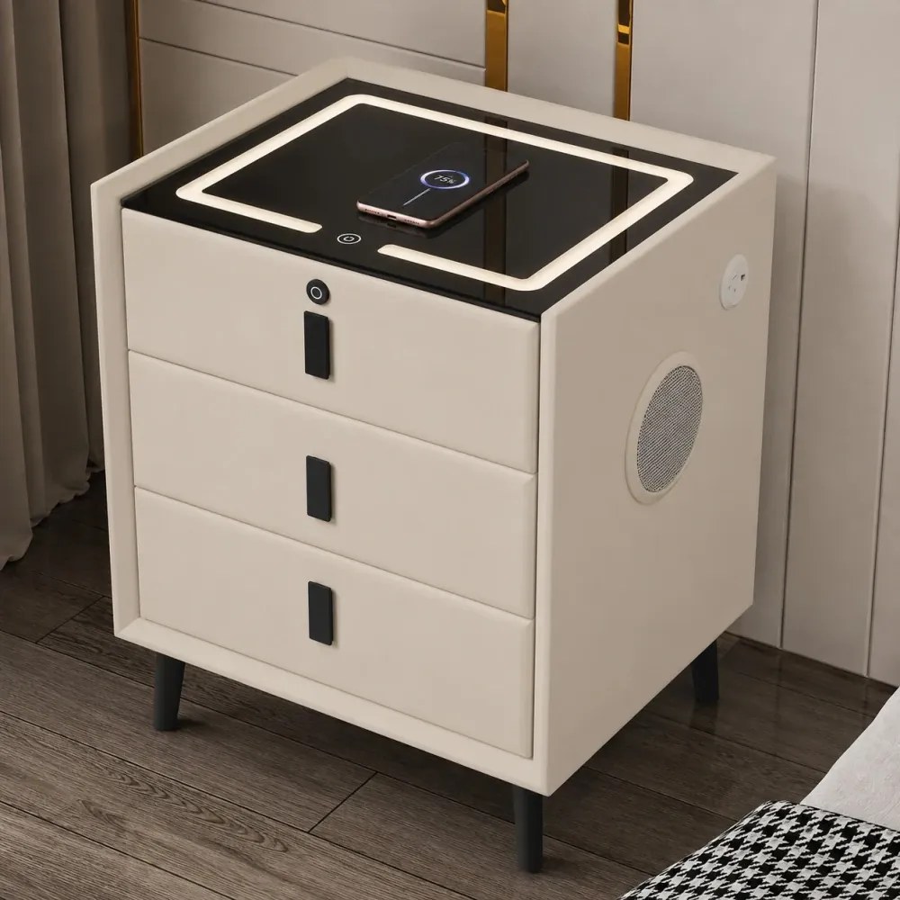 Noptieră inteligentă multifuncțională, 3 sertare, blocare cu amprentă, LED-uri tactile, 3 tipuri de culoare, încărcare fără fir, Difuzor Bluetooth, incarcare USB, sticla securizata, Ivory