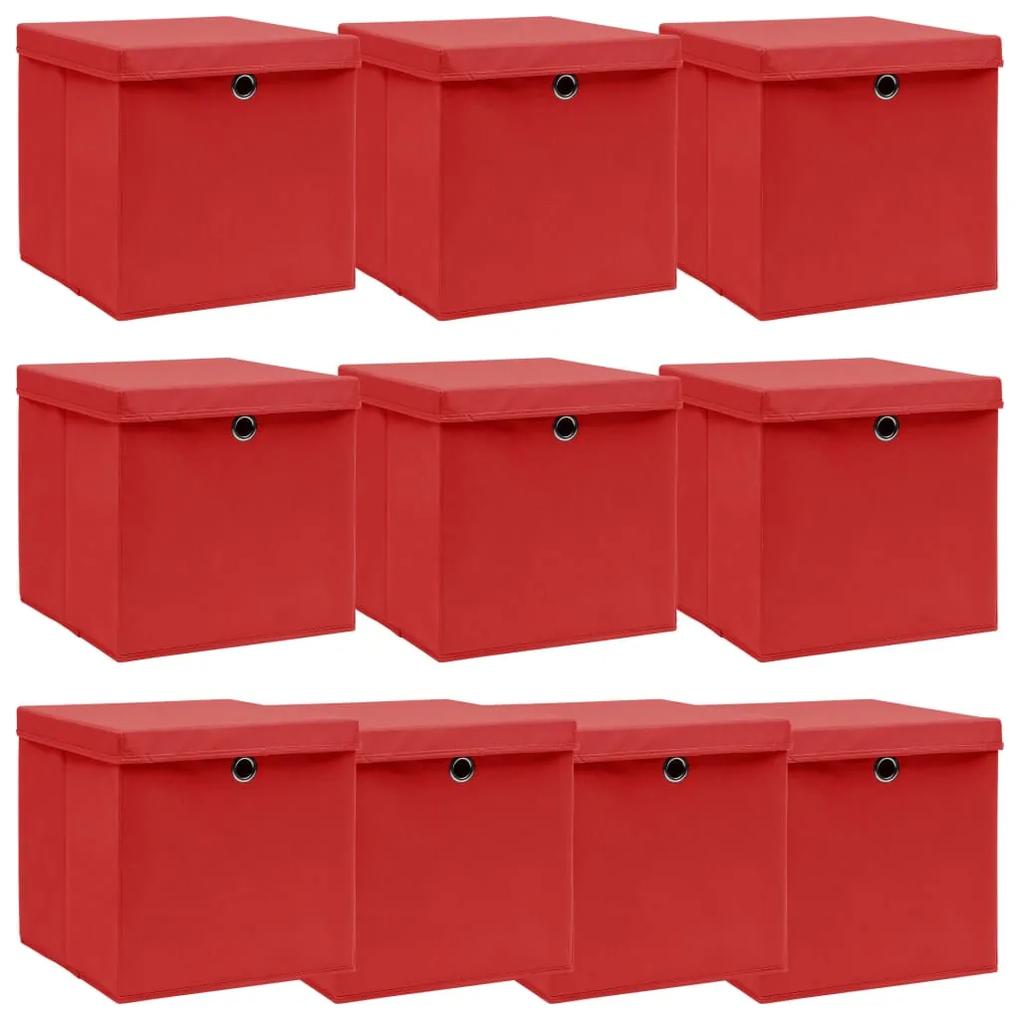 Cutii depozitare cu capace, 10 buc., rosu, 32x32x32 cm, textil 10, Rosu cu capace, 1, 10