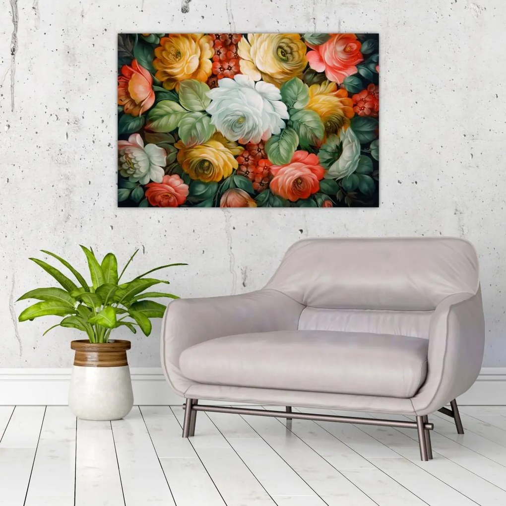 Tablou cu buchet pictat de flori (90x60 cm)