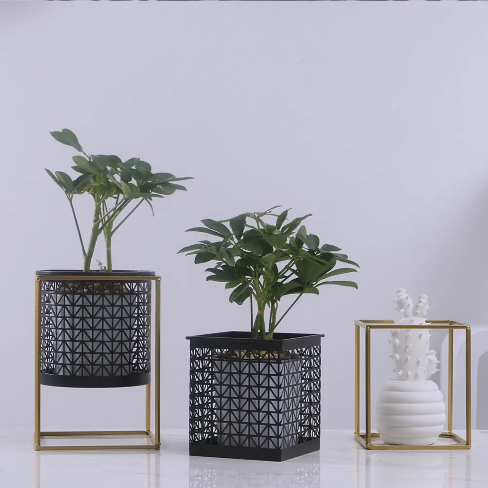 Set 2 suporturi pentru ghivece, pătrat/rotund, negru/auriu, ESME SET