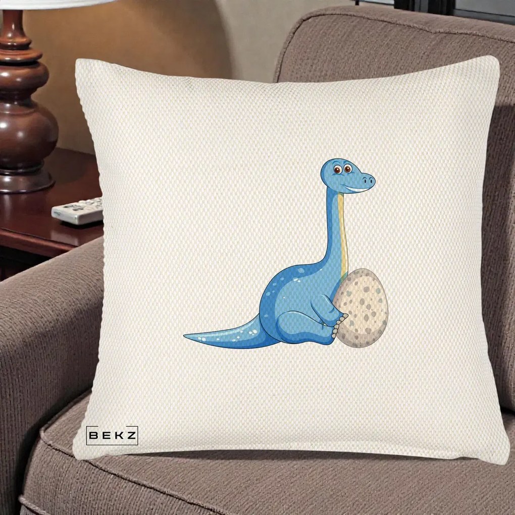 Perna Decorativa Brontosaur cu Ou, 40x40 cm, Crem Reliefat, Husa Detasabila, Perna Inclusa, BEKZ®