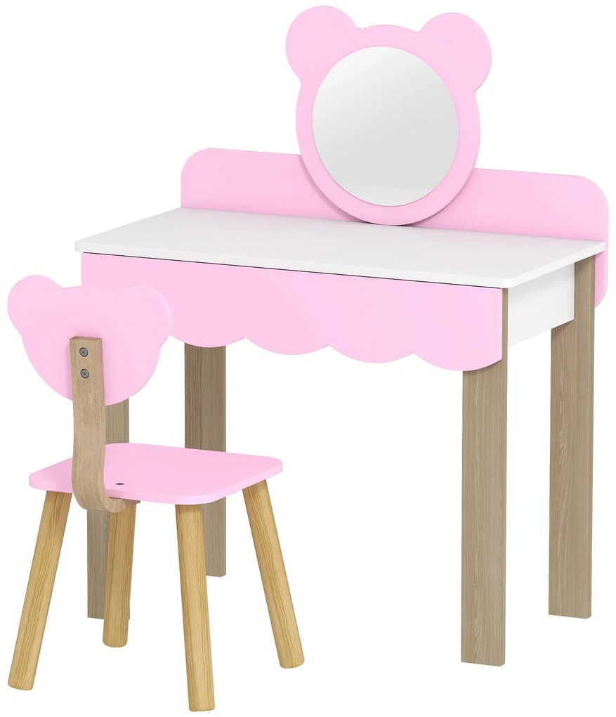 AIYAPLAY Set Masuta Cosmetica cu Scaunel pentru Copii, Oglinda de Machiaj, Forma Ursulet, Sertar, MDF, Roz | Aosom Romania