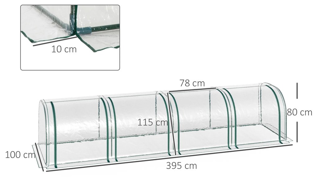 Sera tip tunel Outsunny din otel si folie PVC impermeabila si anti-UV, verde inchis/transparenta 395x100x80cm | Aosom RO