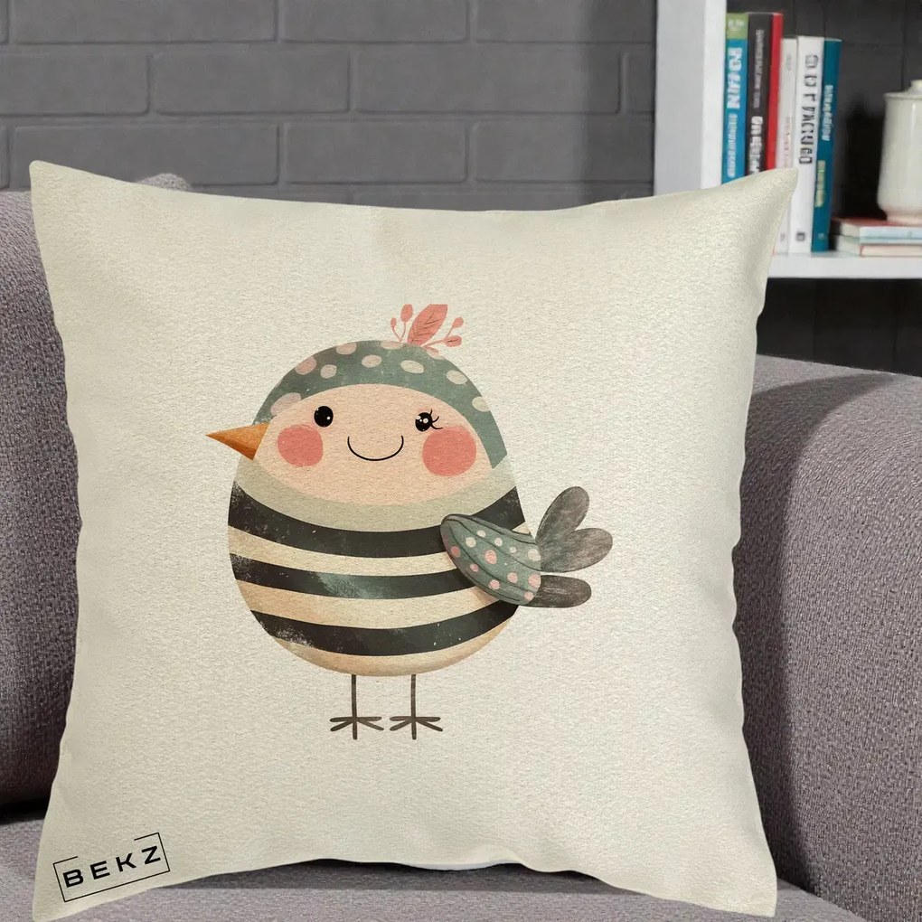 Perna Decorativa Pui Kawaii Teal cu Flori, 40x40 cm, Ecru, Husa Detasabila, Perna Inclusa, BEKZ®