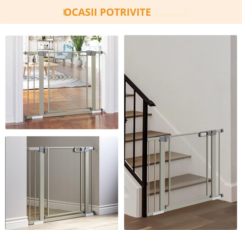 PawHut Barieră Extensibilă pentru Câini cu Închidere Automată din Oțel și ABS, 75-103x76 cm, Gri | Aosom Romania