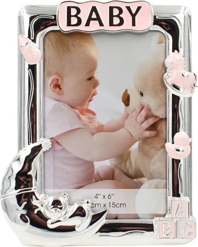 Ramă Foto BABY AZAY Roz cu Elemente Decorative, 10x15 cm, Ramă Foto Fetițe, Cadou Botez / Nou-Născut, Cutie Cadou Inclusă