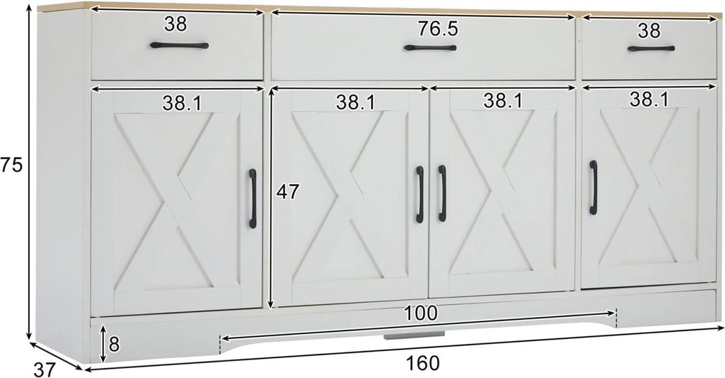 Bufet modern în design scandinav-industrial, cu 3 sertare și 4 uși, 160x37x75 cm, Alb