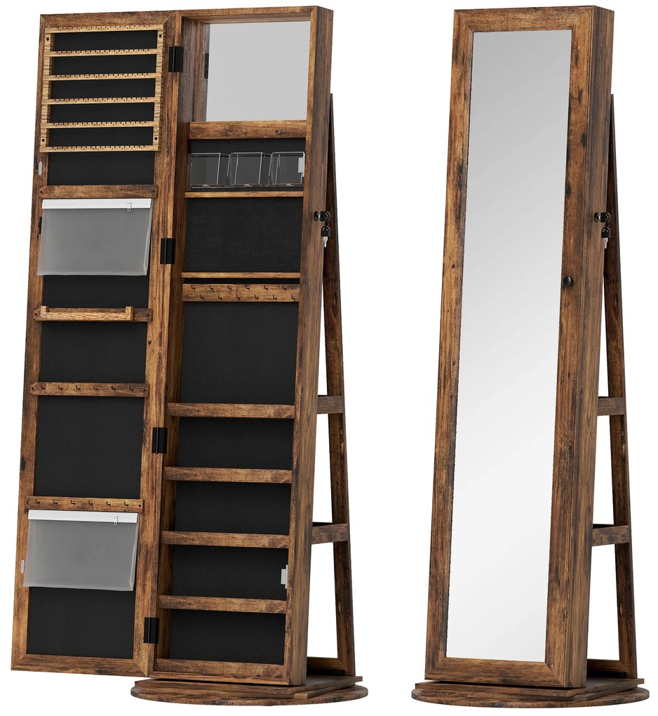 HOMCOM Oglindă cu Spațiu pentru Bijuterii Rotativă și Cu Închidere, Maro | Aosom Romania