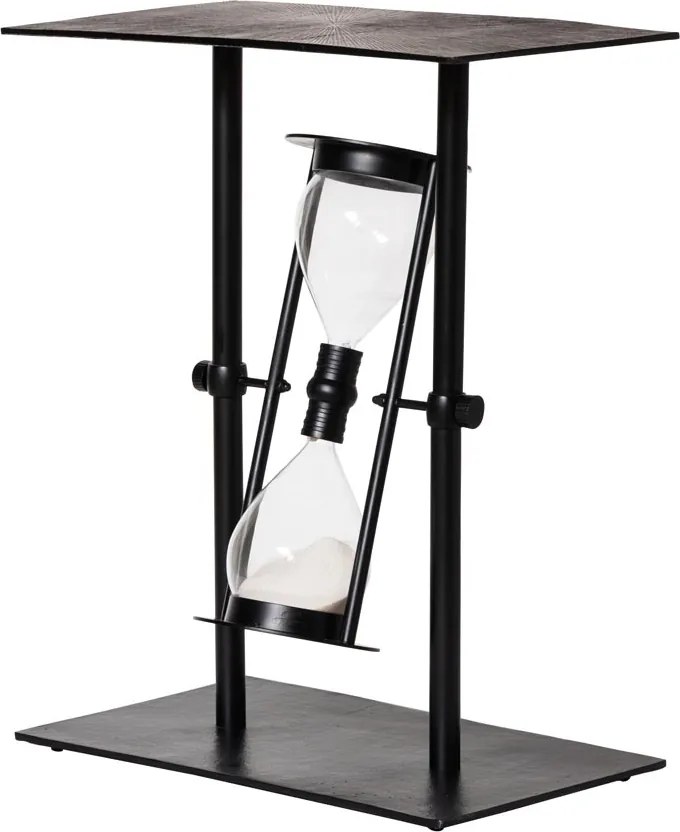 Măsuță laterală îngustă din metal, negru, cu clepsidră din sticlă pe pivot, 60 x 50 x 30 cm, „Time traveler”