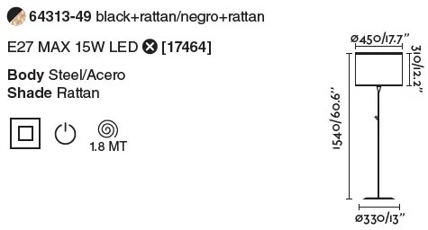 Lampadar / Lampa de podea moderna design natural MAMBO negru/ratan 64313-49