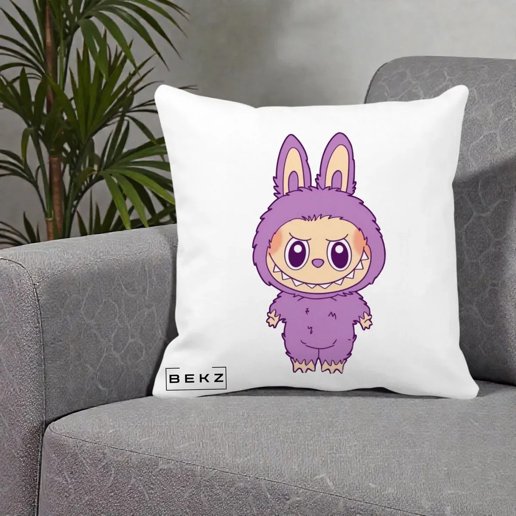 Perna Personalizata Labubu Violet Solo, 40x40 cm, Alba Mata, Husa Detasabila, Perna Inclusa, BEKZ®