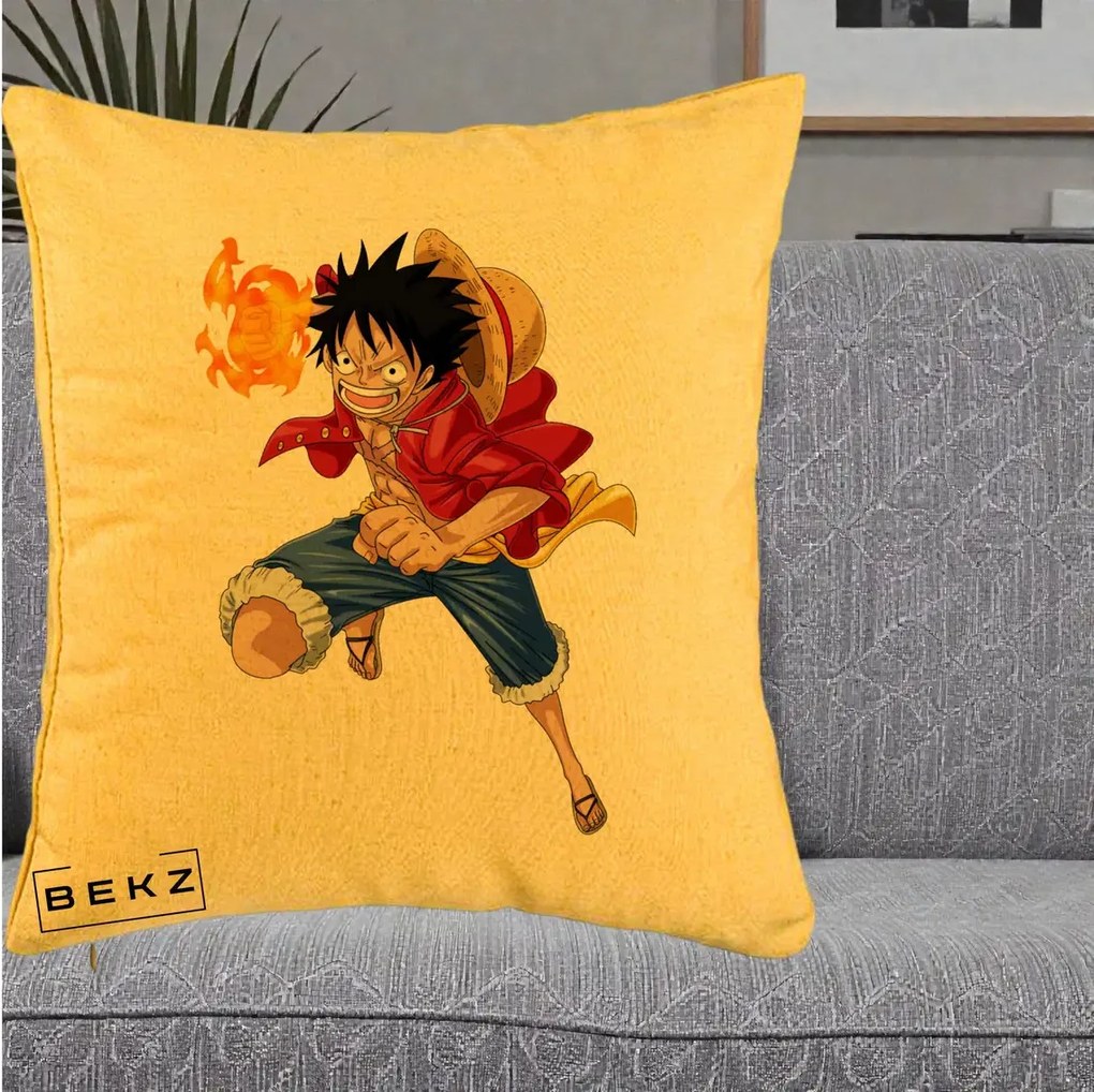 Perna Personalizata One Piece Luffy Gear Second Foc, 40x40 cm, Galben, Husa Detasabila, Perna Inclusa, BEKZ®