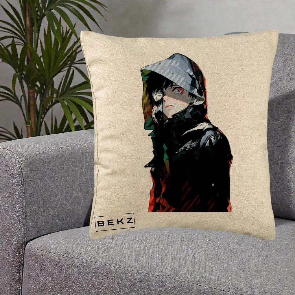 Perna Personalizata Tokyo Ghoul Ken Kaneki cu Masca si Gluga, 40x40 cm, Bej, Husa Detasabila, Perna Inclusa, BEKZ®