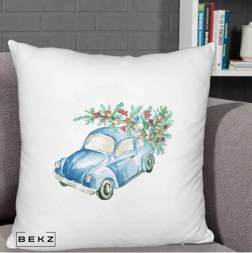 Perna Decorativa Masinuta Albastra cu Brad de Craciun, 40x40 cm, Alb Pufos, Husa Detasabila, Perna Inclusa, BEKZ®