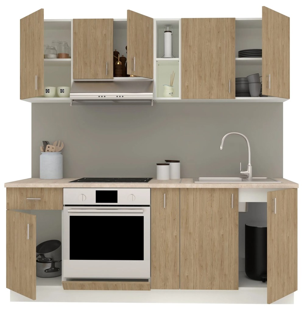 Set Bucatarie Karo V11, Lemn Natural/Alb, Blat Thermo 28 mm, L 200 cm