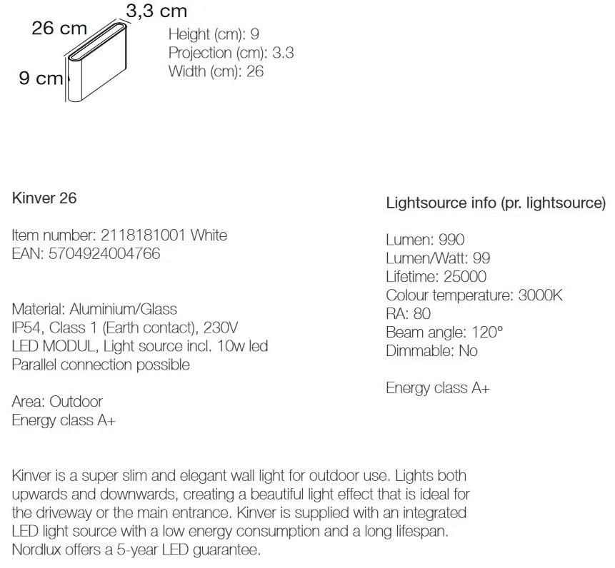 Aplica LED de perete pentru iluminat exterior modern, IP54 Kinver 26 alb 2118181001 NL