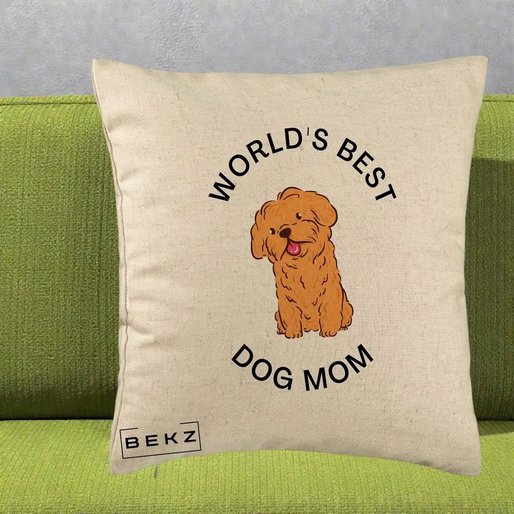 Cadou pentru Iubitorii de Caini - Perna Personalizata World's Best Dog Mom, 40x40 cm, Bej, Husa Detasabila, Perna Inclusa, BEKZ®