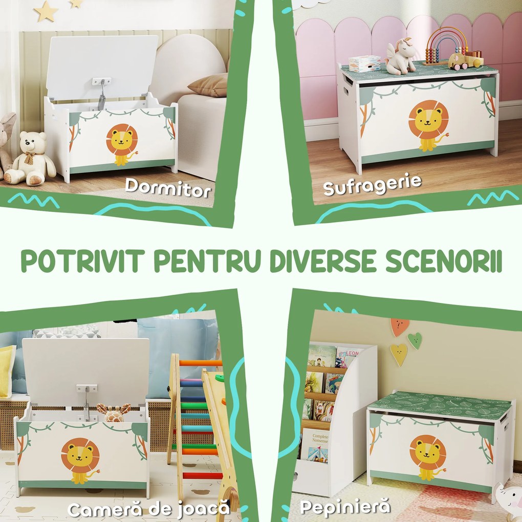 AIYAPLAY Cutie pentru Jucării cu Capac, Balamale de Siguranță și Mânere Adâncite, Organizator pentru Depozitarea Jucăriilor pentru Copii, Camera de Zi, Camera de Joacă, Verde | Aosom Romania