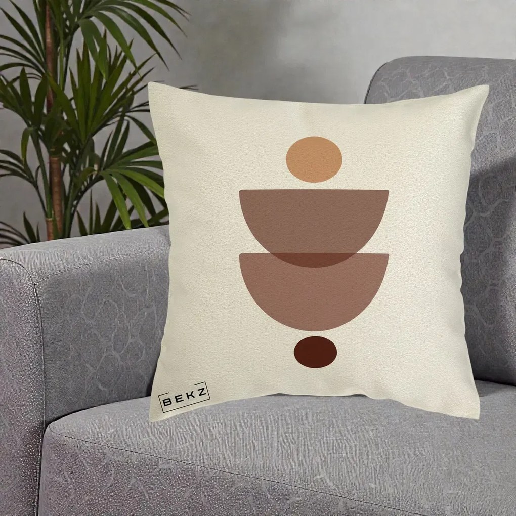 Perna Decorativa Geometric Boho Semicercuri Brun, 40x40 cm, Ecru, Husa Detasabila, Perna Inclusa, BEKZ®