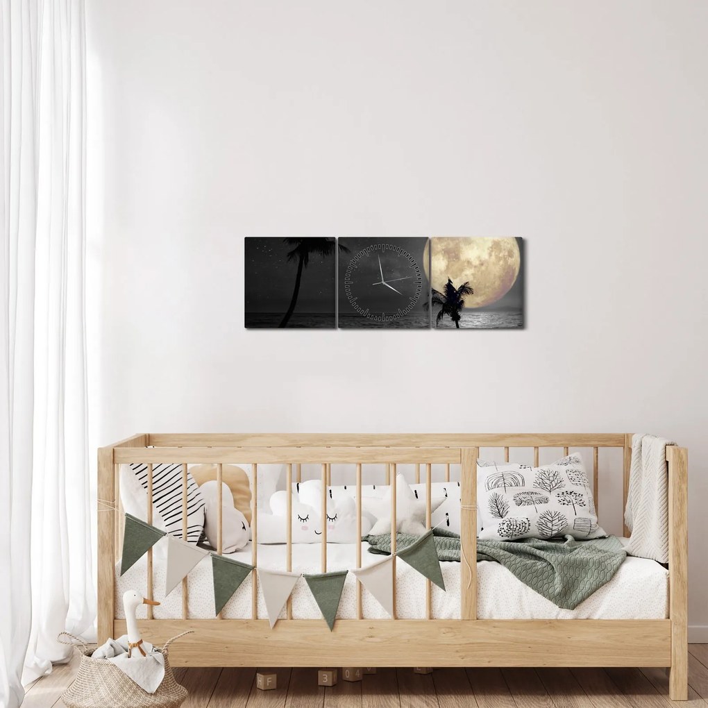 Tablou - Plaja cu lună plină, nuanțe gri (cu ceas) (90x30 cm)
