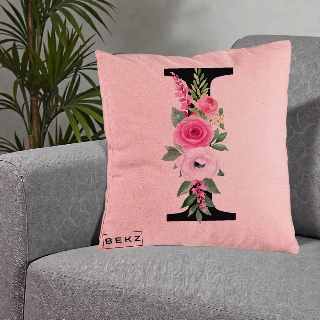 Cadou Personalizat - Perna Personalizata Monograma Florala Litera I, 40x40 cm, Roz, Husa Detasabila, Perna Inclusa, BEKZ®