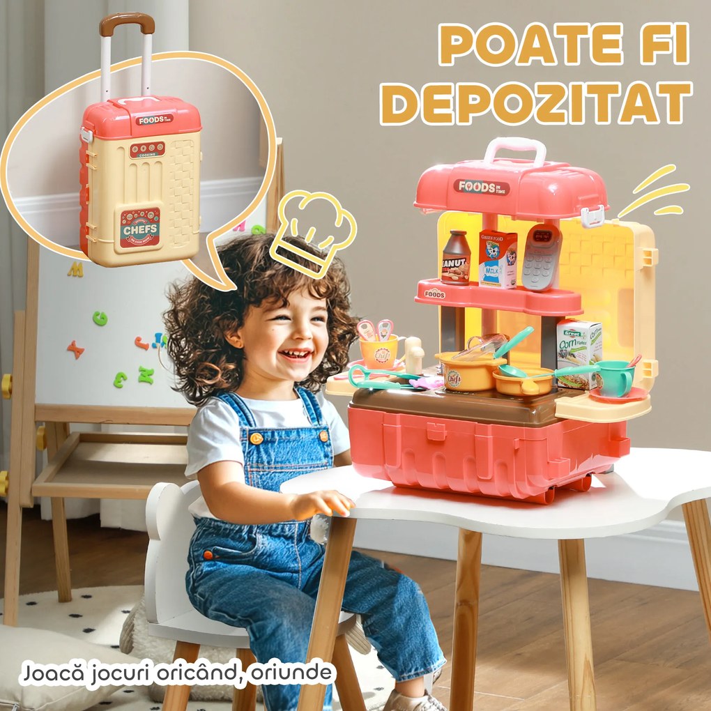 AIYAPLAY Joc pentru Copii 3 în 1 din 36 Piese cu Masă pentru Tacâmuri și Cărucior, 48x26x64 cm, Multicolor | Aosom Romania