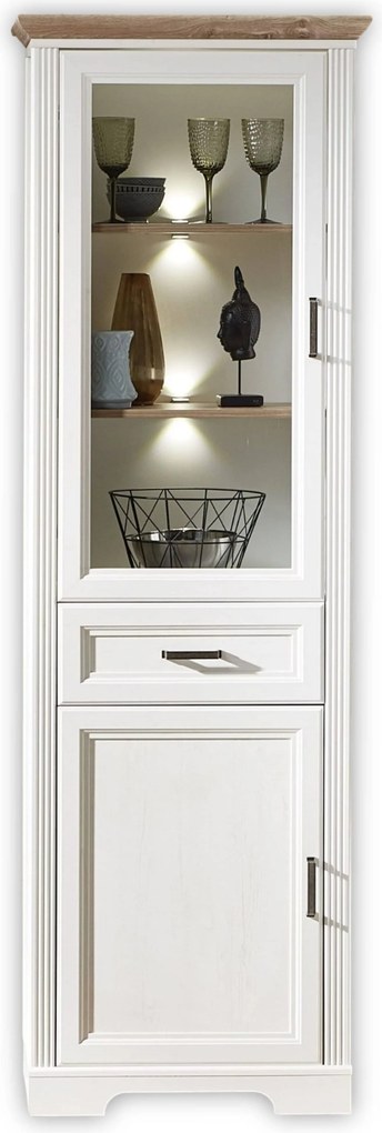 Vitrina JASMIN, alb/stejar artisan, PAL/sticla, cu iluminare LED, 66x4