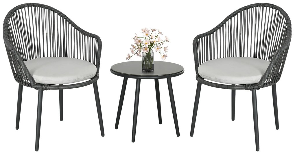 Outsunny Set Bistro de Terasă din 3 Piese, Set de Mobilier din Rachiță cu 2 Fotolii și Masă de Sticlă, 65x63x80 cm, Gri | Aosom Romania