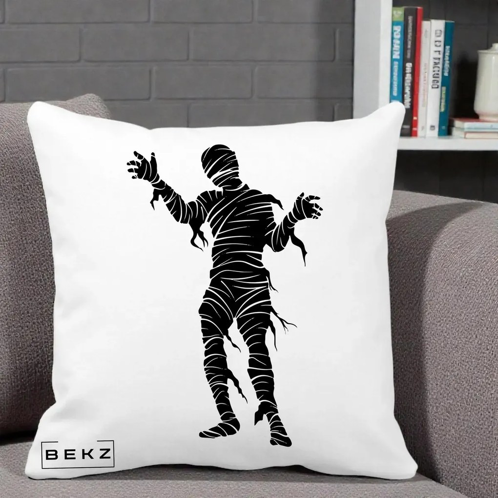 Perna Decorativa Mormii Infricosat Silueta Neagra Halloween, 40x40 cm, Alba Mata, Husa Detasabila, Perna Inclusa, BEKZ®