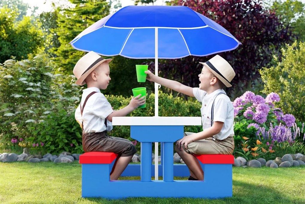Set de șezut pentru copii cu umbrelă de soare JASMIN, 67x78,5x42,5cm, albastru/alb/roșu Spielwerk