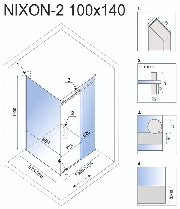 Cabina de dus Nixon Crom profil stanga 100x140cm, Rea