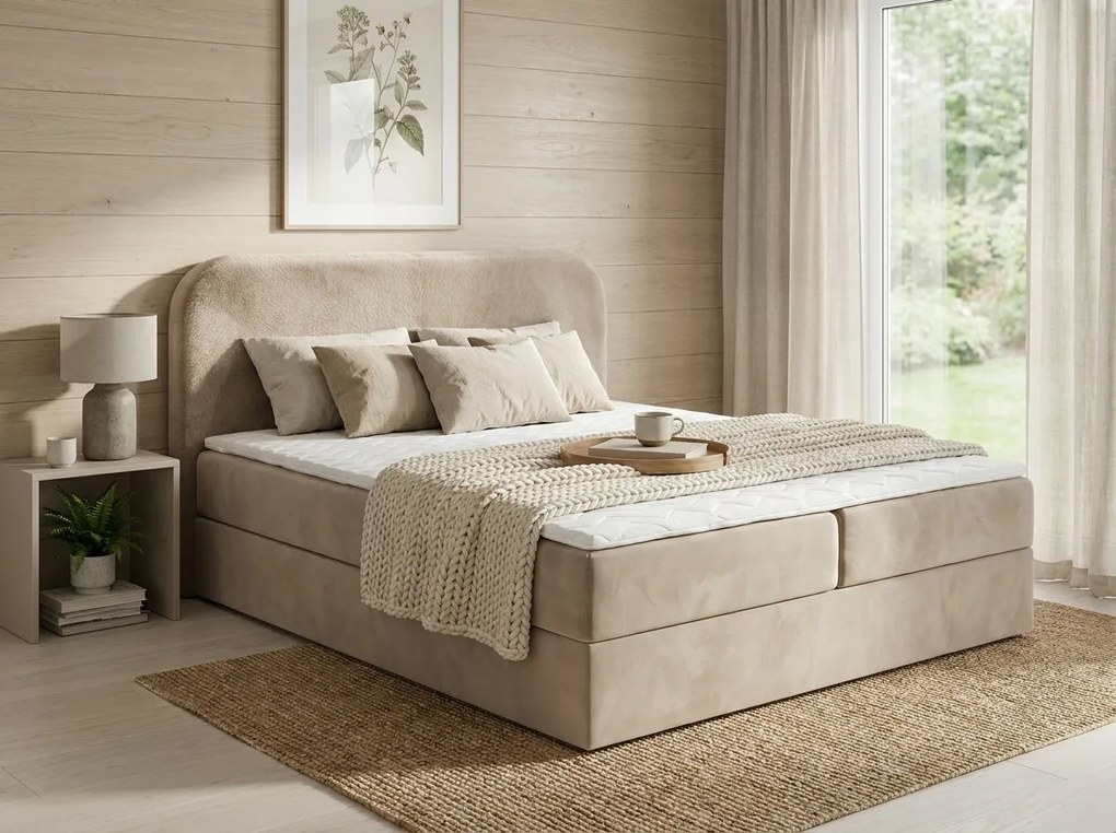 Pat boxspring tapitat FORENA 180x200 cm bej Saltea: Saltea cu arcuri Bonell
