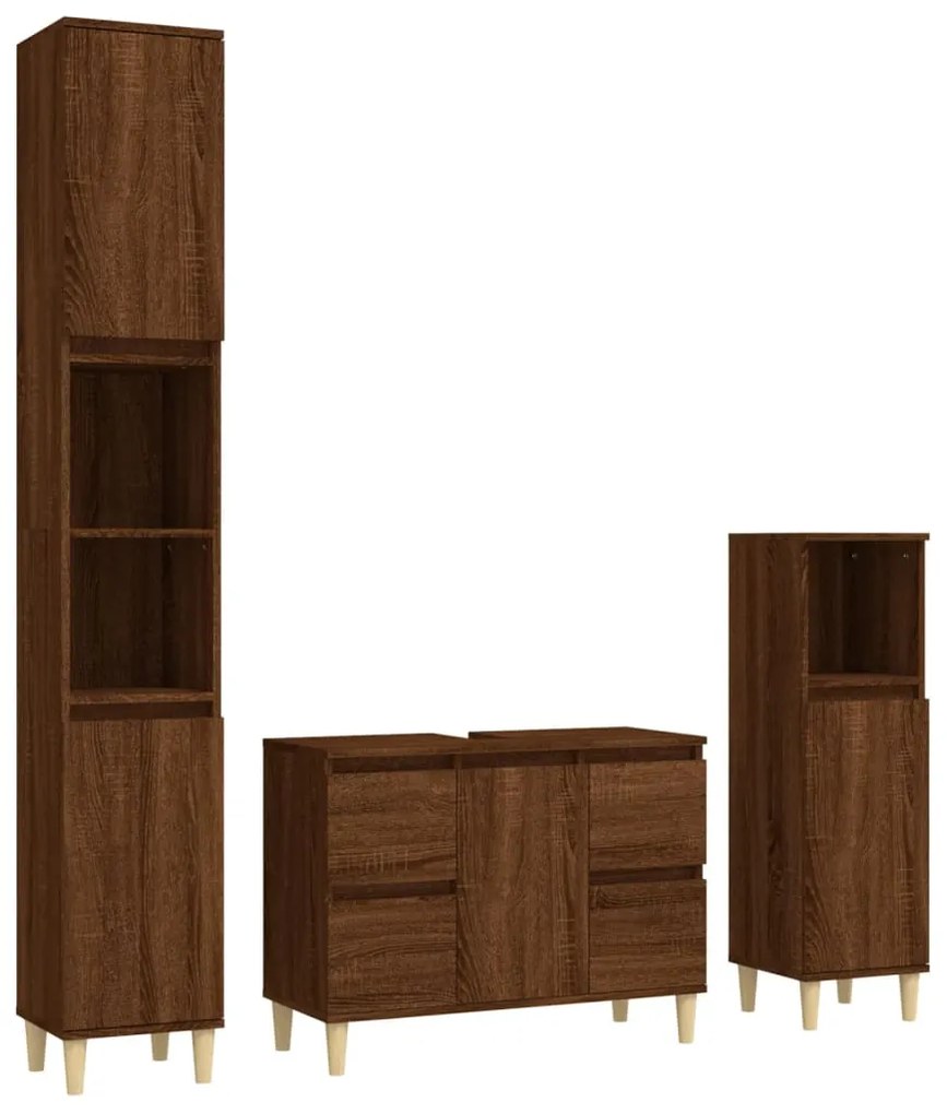 3185604 vidaXL Set mobilier de baie, 3 piese, stejar maro, lemn prelucrat