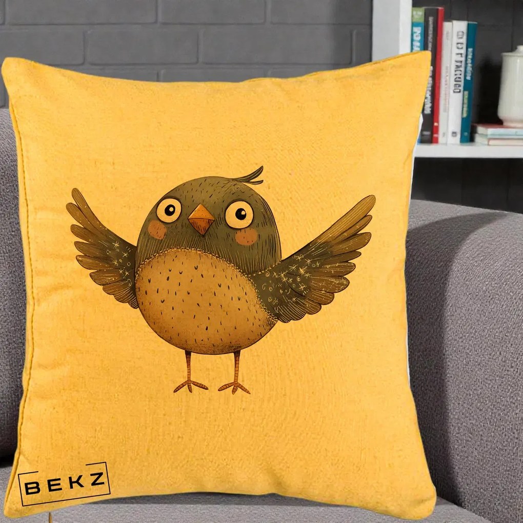 Perna Decorativa Pasare cu Aripi Intinse, 40x40 cm, Galben, Husa Detasabila, Perna Inclusa, BEKZ®