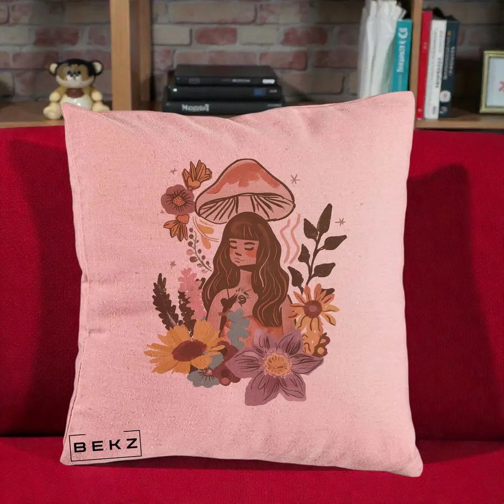 Perna Decorativa Fata Ciuperca Boho Florala, 40x40 cm, Roz, Husa Detasabila, Perna Inclusa, BEKZ®