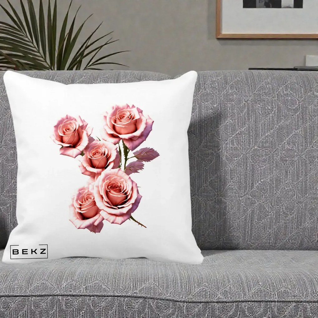 Perna Decorativa Trandafiri Roz Pastel Acuarela, 40x40 cm, Alba Mata, Husa Detasabila, Perna Inclusa, BEKZ®