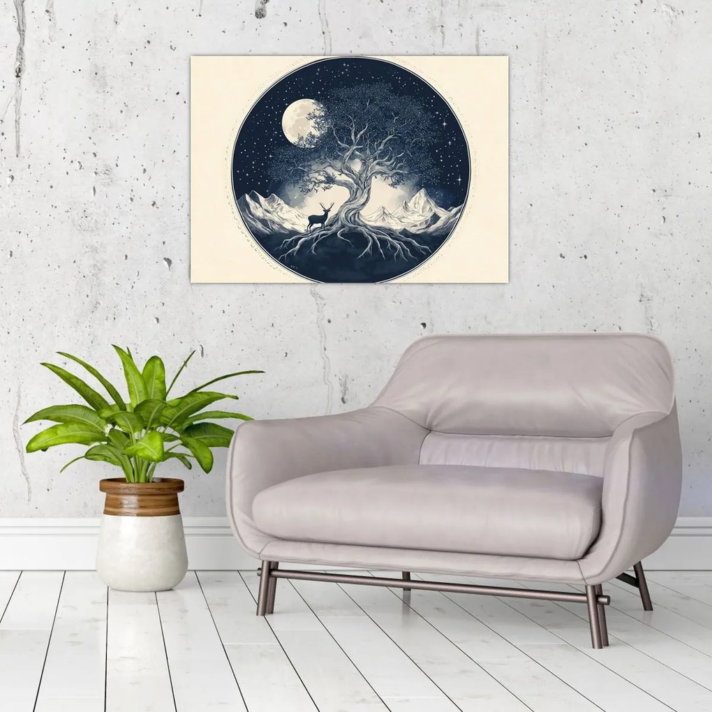 Tablou pe sticlă – Arbore magic cu cerb I. (70x50 cm)