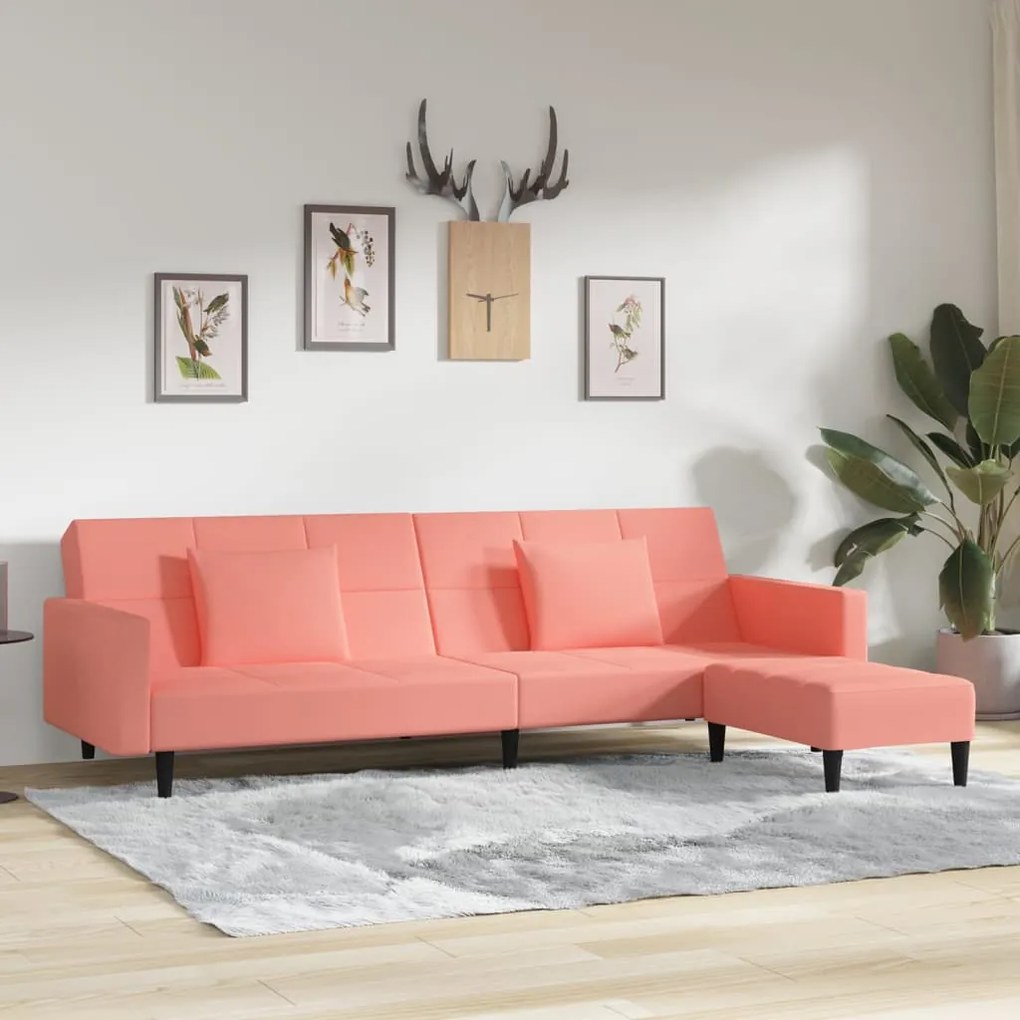 3080639 vidaXL Canapea extensibilă, 2 locuri, cu 2 perne&taburet, roz, catifea