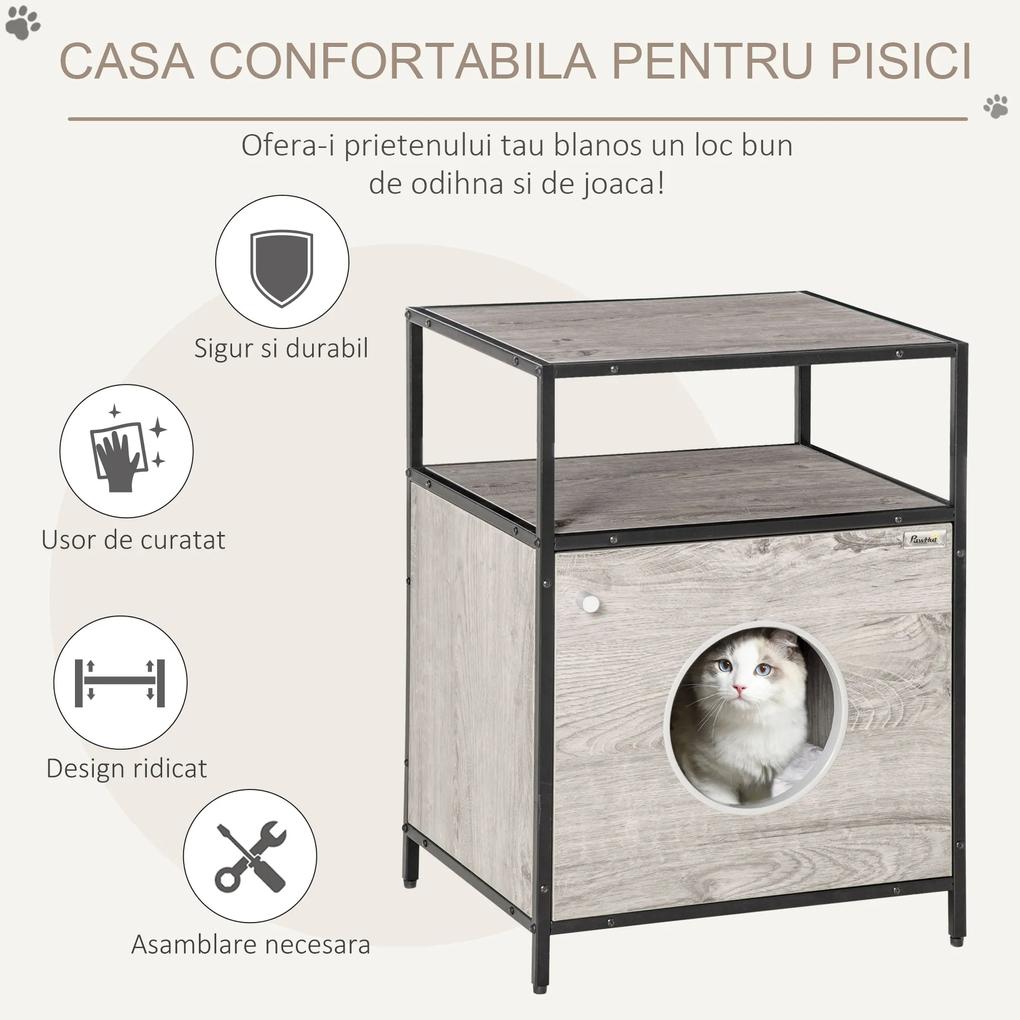 PawHut Căsuță Multifuncțională pentru Pisici cu Pernă Lavabilă, Dulap și Etajere, Gri, Design Modern din Oțel și Lemn | Aosom Romania