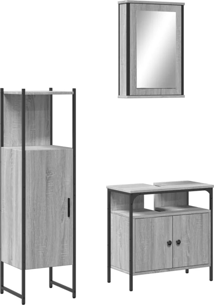 vidaXL Set mobilier de baie, 3 piese, gri sonoma, lemn prelucrat