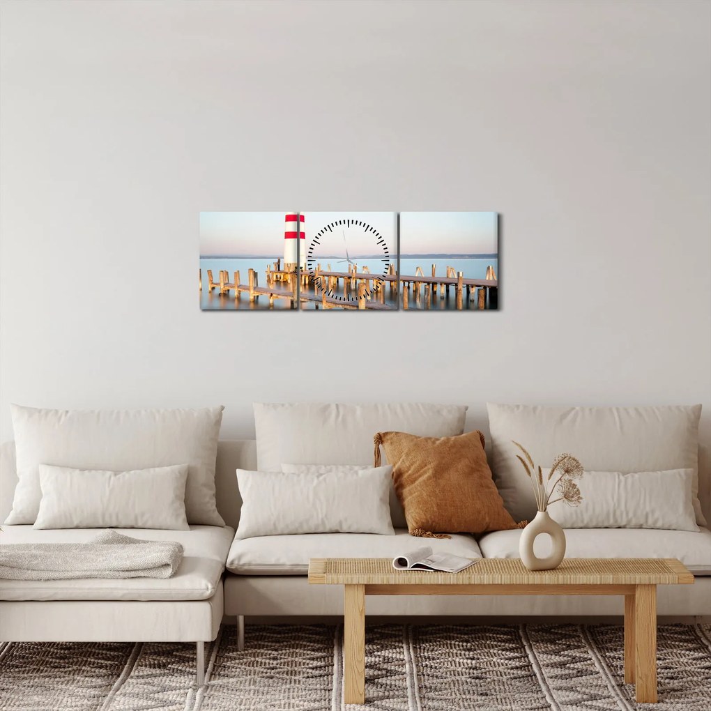 Tablou cu far la răsărit de soare (cu ceas) (90x30 cm)