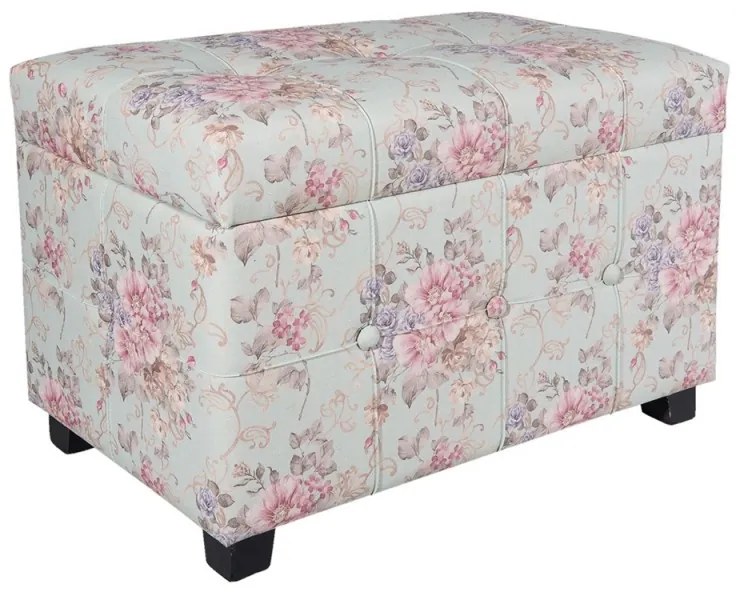 Pouf shabby chic, roz, cu imprimeu floral si spatiu de depozitare, 61x37x43 cm