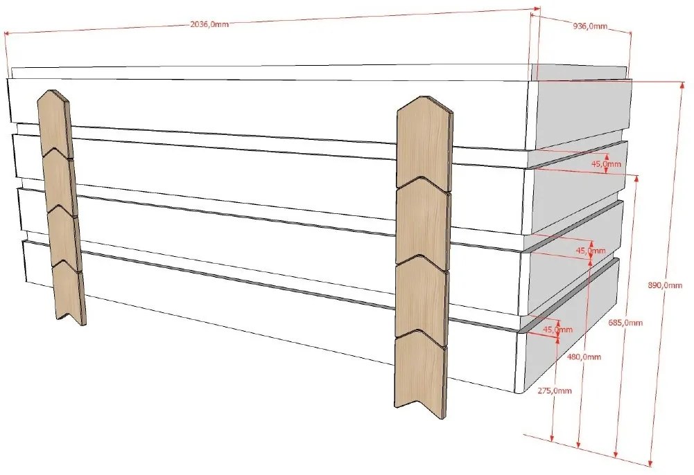 Set MODULO format din 3 Pat copii MODULO (90 x 200 cm) cu picioare Pat copii în formă de săgeată.