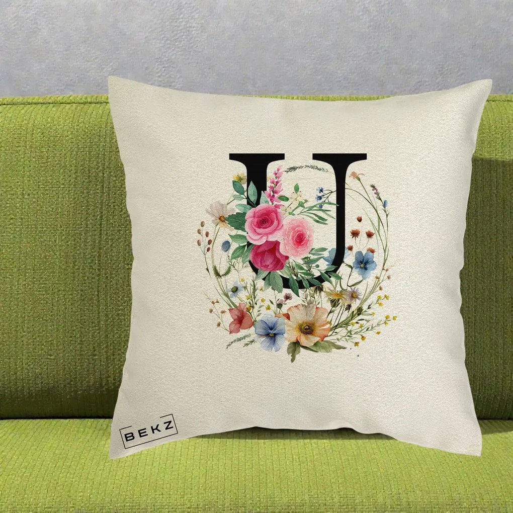 Cadou Personalizat - Perna Personalizata Monogram Litera U cu Flori Acuarela, 40x40 cm, Ecru, Husa Detasabila, Perna Inclusa, BEKZ®
